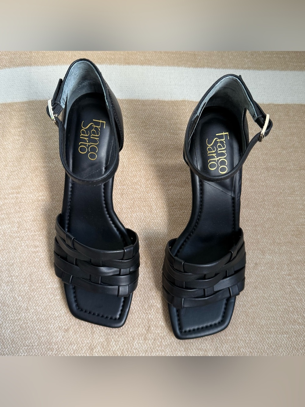 Franco Sarto Black Woven Strap Ankle-Heel Sandals with Square Toe size 8